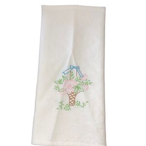 Vintage Tea Dish Hand Towel Hand  Embroidered Flower Basket Bow Pink Green